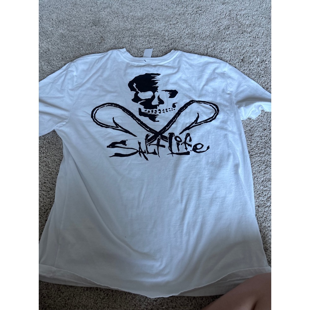 Salt Life Fishing Shirt White Skull Fish Hooks Graphic Pocket Tee Mens Large